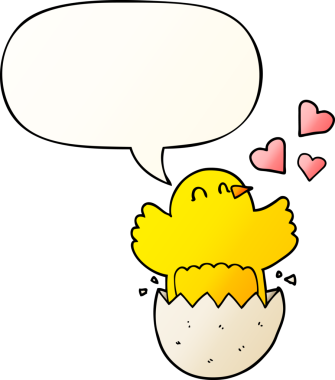 Bir insan tarafından çizilmiş, tatlı, yumurtadan çıkmış, konuşma baloncuklu bir yavru çizgi film.