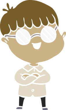 Bir insan tarafından çizilmiş gözlük takan düz renkli çizgi film çocuğu.