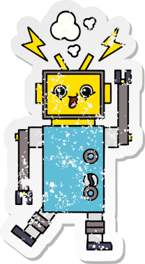 Bir insan tarafından çizilmiş sevimli bir robot çizgi film çıkartması.