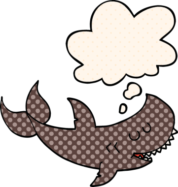 Çizgi roman tarzında bir insan tarafından çizilmiş düşünce baloncuğu olan çizgi film köpekbalığı.