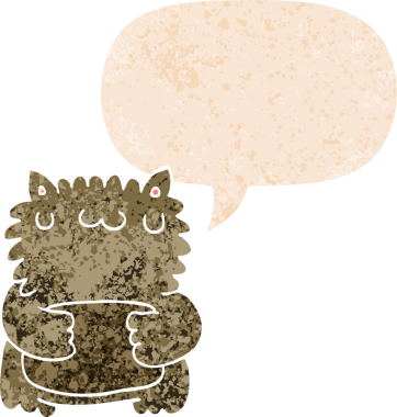 Bir insan tarafından çizilmiş grunge sıkıntılı retro biçimli konuşma balonu ile çizgi film ayısı