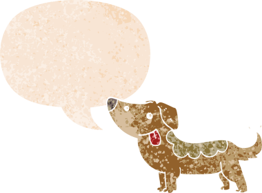 Bir insan tarafından çizilmiş grunge dertli retro tarzı konuşma baloncuğu ile çizgi film köpeği