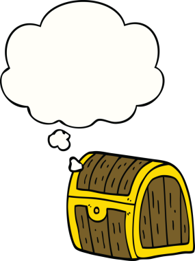 Bir insan tarafından çizilmiş düşünce baloncuklu hazine sandığı.