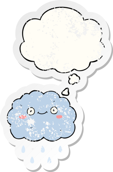 Düşünce baloncuğu olan sevimli çizgi film bulutu bir insan tarafından çizilmiş yıpranmış bir çıkartma gibi.