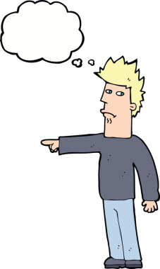 Bir insan tarafından çizilen düşünce baloncuğuyla işaret eden çizgi film adamı.