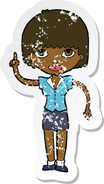 İnsan tarafından çizilmiş bir fikri olan karikatür bir kadının gerilimli retro yapıştırması.