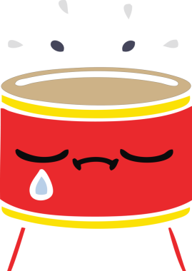 Bir insan tarafından çizilmiş üzgün bir davulun düz renkli retro karikatürü