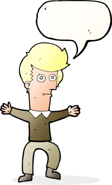 Bir insan tarafından çizilmiş konuşma baloncuğu olan ürkmüş bir adam.