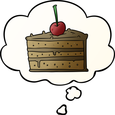 Düşünce baloncuklu çikolatalı pasta bir insan tarafından çizilmiş.