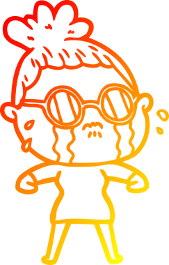 Bir insan tarafından çizilmiş gözlüklü, ağlayan bir kadının çizgi film çizimi.