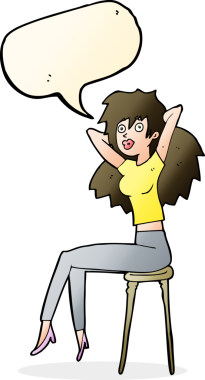 Bir insan tarafından çizilmiş konuşma balonuyla taburede poz veren karikatür kadın.