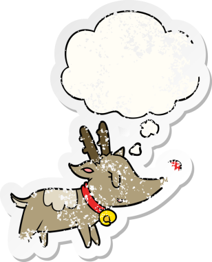 Düşünce baloncuğu olan karikatür Noel geyiği insan tarafından çizilmiş yıpranmış bir çıkartma.