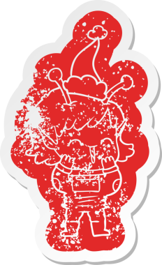 Bir insan tarafından çizilmiş Noel Baba şapkasıyla kıkırdayan uzaylı bir kızın garip karikatürü.