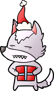 Bir insan tarafından çizilmiş Noel Baba şapkası giymiş bir kurdun el çizimi karikatürü.