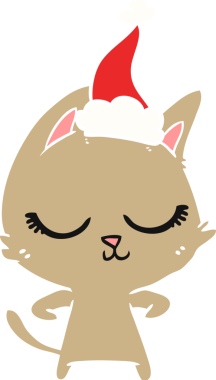 Sakin bir el çizimi, bir insan tarafından çizilmiş Noel Baba şapkası takan bir kedinin düz renk çizimi