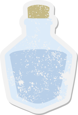 Bir insan tarafından çizilmiş çizgi film iksiri şişesi grunge etiketi.