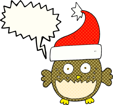 Bir insan tarafından çizilmiş noel şapkası giyen bir baykuş çizilmiş.