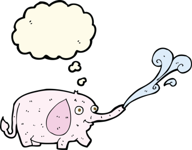 Bir insan tarafından çizilmiş düşünce baloncuğuyla su fışkırtan komik küçük bir fil.