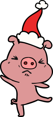 Bir insan tarafından çizilmiş Noel Baba şapkası giymiş öfkeli bir domuzun el çizimi.