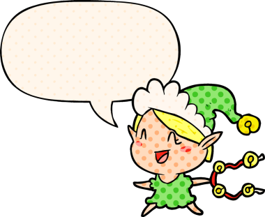 Çizgi roman tarzında bir insan tarafından çizilmiş bir konuşma balonuyla mutlu noel elfi