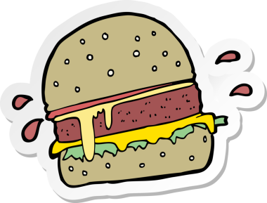 Bir insan tarafından çizilmiş çizgi film burgerinin çıkartması.