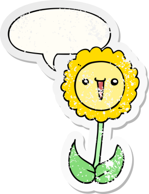 Konuşma baloncuğu olan karikatür çiçeği bir insan tarafından çizilmiş sıkıntılı eski bir çıkartma