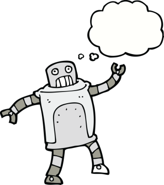 Bir insan tarafından çizilmiş düşünce baloncuklu çizgi film robotu