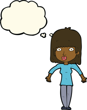 Bir insan tarafından çizilmiş düşünce baloncuğuyla omuz silken çizgi film kadını.