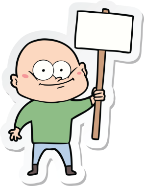 Bir insan tarafından çizilmiş tabelayla bakan kel bir adamın çıkartması.