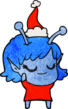 gülümseyen uzaylı kız el çizimi bir insan tarafından çizilmiş Noel Baba şapkası