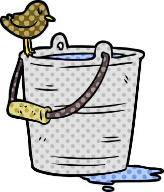 Bir insan tarafından çizilmiş bir kova suya bakan çizgi film kuşu.