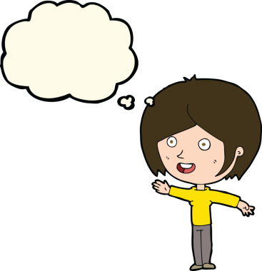 Bir insan tarafından çizilmiş düşünce baloncuğuyla el sallayan mutlu bir kız.