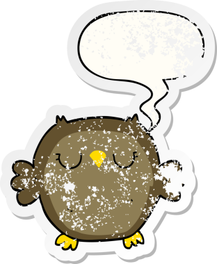 Konuşma baloncuğu olan çizgi film baykuşu bir insan tarafından çizilmiş sıkıntılı eski bir çıkartma