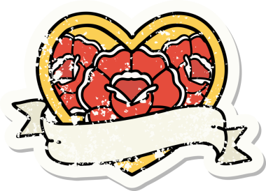 Geleneksel bir kalp stili ve insan tarafından çizilmiş çiçekli pankart dövmesi.