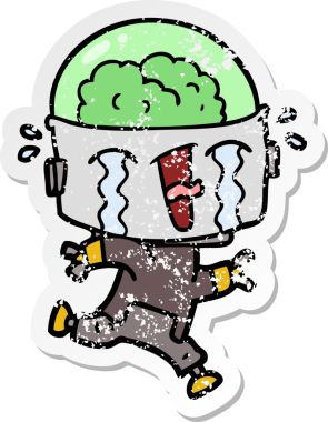 Bir insan tarafından çizilmiş, ağlayan bir robot karikatürünün sıkıntılı çıkartması