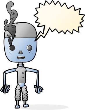 Bir insan tarafından çizilmiş konuşma balonu olan çizgi film robotu.