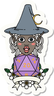 Bir insan tarafından çizilmiş doğal yirmi zarlı elf büyücü karakterinin çıkartması.