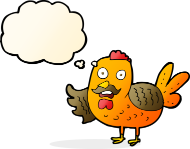 Bir insan tarafından çizilmiş düşünce kabarcığı olan yaşlı horoz çizgi filmi.