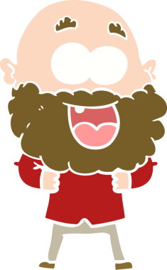 Düz renkli çizgi film. Bir insan tarafından çizilmiş sakallı çılgın mutlu adam.