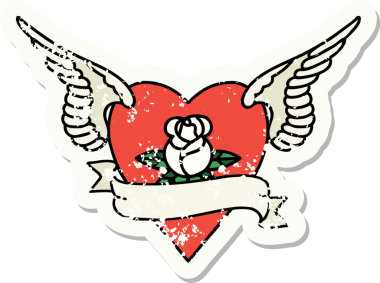 Üzücü etiket dövmesi geleneksel kalp tarzında kanatlarla bir insan tarafından çizilmiş bir gül ve bayrak