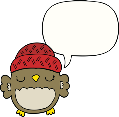 Bir insan tarafından çizilmiş konuşma baloncuğu şapkalı sevimli bir baykuş.