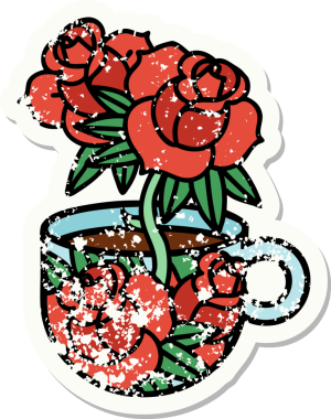 Geleneksel bir fincan stili ve bir insan tarafından çizilmiş çiçek dövmesi.