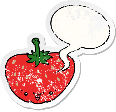 Konuşma balonlu karikatür çileği bir insan tarafından çizilmiş sıkıntılı eski bir çıkartma