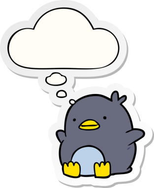 Bir insan tarafından çizilmiş, düşünce baloncuğu olan sevimli penguen karikatürü.