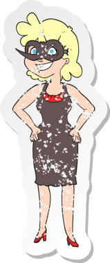 Bir insan tarafından çizilmiş maske takan bir karikatür kadının retro sıkıntılı çıkartması.