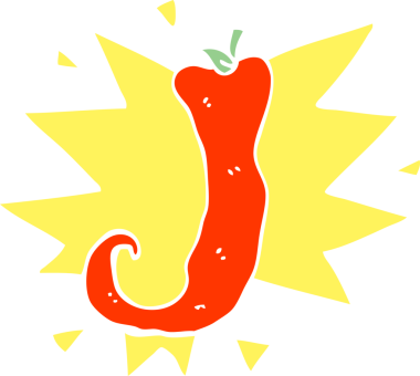 Düz renkli karikatür. Kırmızı acı biber bir insan tarafından çizilmiş.