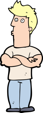 Bir insan tarafından çizilmiş kolları katlanmış çizgi film adamı.