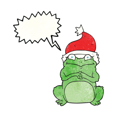 Bir insan tarafından çizilmiş noel şapkası giyen kurbağa desenli el yazısı balonu.