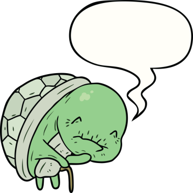 Bir insan tarafından çizilmiş konuşma balonlu bastonlu sevimli yaşlı kaplumbağa.