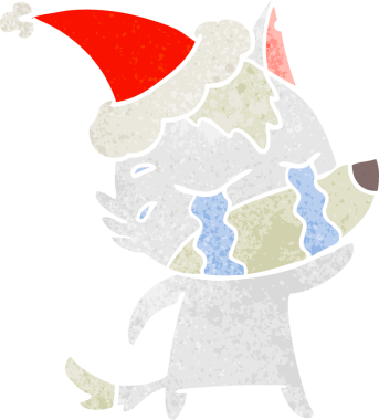 Ağlayan bir kurdun insan tarafından çizilmiş Noel Baba şapkası taktığı eski bir karikatür.